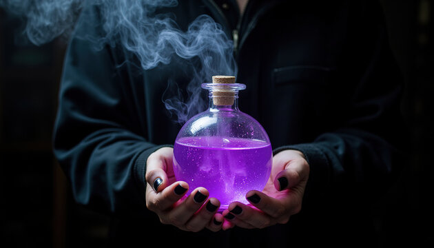Hands in black long sleeve holding a glowing glass bottle filled with smoky purple magic potion, dark mystery wizard and Halloween potion concept.