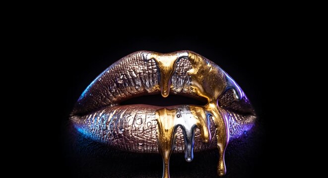 Macro of lips with dripping liquid gold and silver metallic paint
