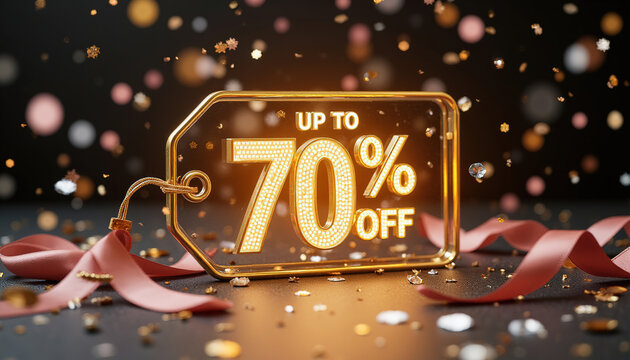 Luxury gold glass tag displaying Up to 70 Percent Off sale discount with glowing glitter bokeh, pink ribbon, and confetti on dark background, promotion and shopping concept.