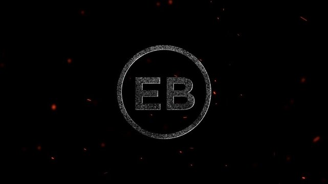 Glowing neon letter logo with initials EB inside a circular frame on fire background