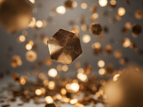 Abstract golden geometric cube floating with glowing bokeh lights in a dark background