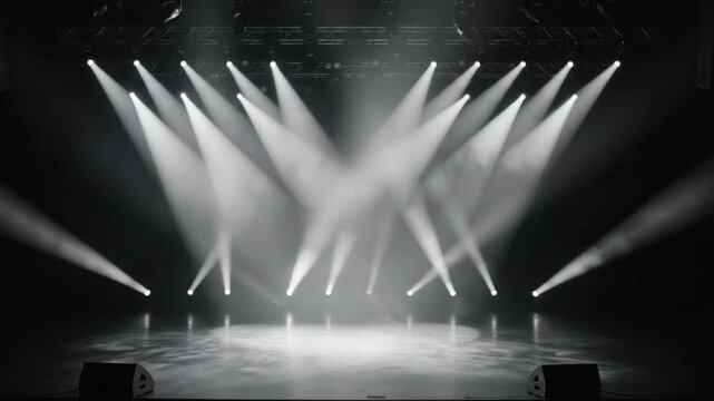 Dynamic concert stage lighting with moving white spotlights and haze effect in black and white event production