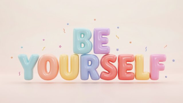 3D pastel letter balloons spell "BE YOURSELF" with confetti, isolated on light pink background. Inspirational message for self-acceptance.