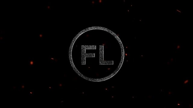 Graphic design element with letter FL inside a grainy textured circle surrounded by glowing embers