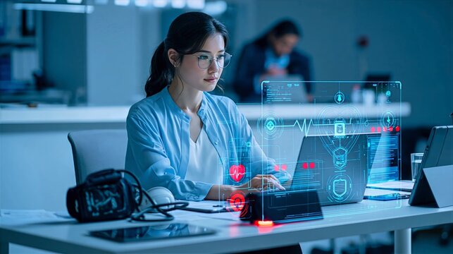Healthcare Worker Monitoring Blood Pressure Alerts on Laptop in Modern Clinic
