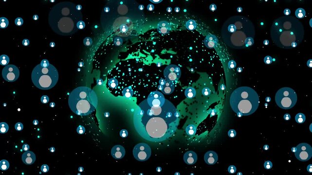 Digital globe animation links floating social media community tags. Worldwide audience telecommunication routes on digital globe animation. Online networks use globe.