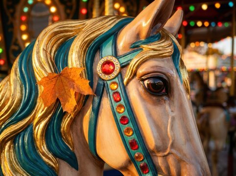 Carousel Horse with Autumn Leaf and Colorful Fair Lights
