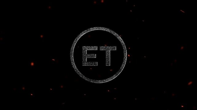 Letters ET inside a glowing circle with particles and floating sparks