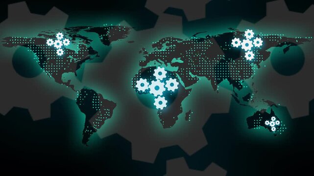 World map animation connects industrial gears across continents. Global manufacturing operational logistics guide active world map animation. Supply chain managers use map.