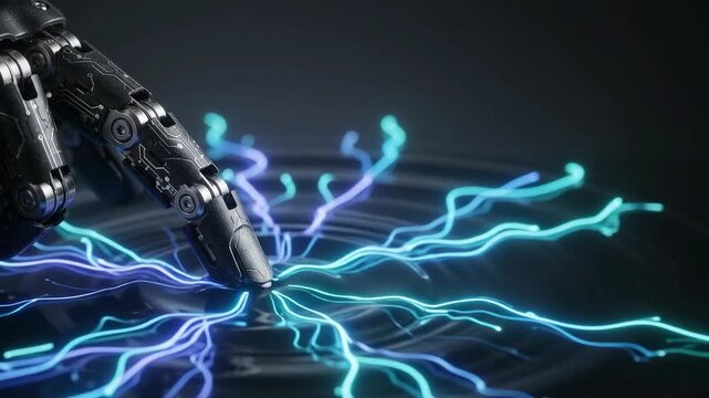 Futuristic Robotic Finger Touching Digital Interface Video Concept Representing Artificial Intelligence and High Tech Connection