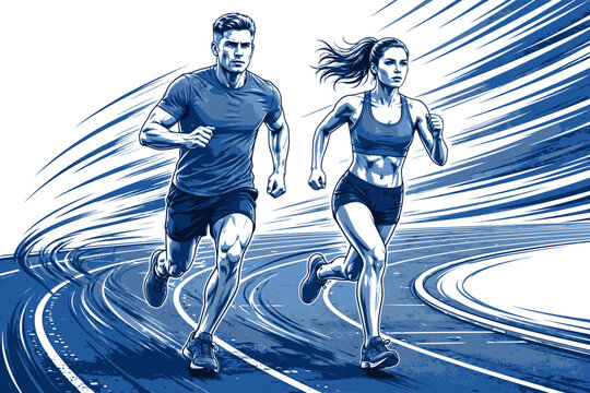 Running man and woman, isolated vector silhouettes. Run, side view. Silhouettes of athletic looking male and female runners running. Transparent SVG version.