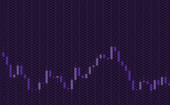 Isometric stock market candlestick chart on dark purple grid background for financial data analysis concept.