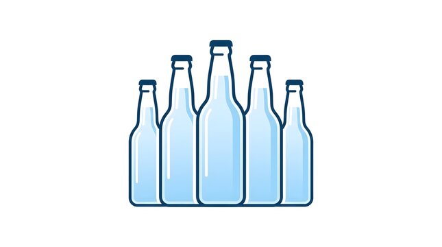 A clean vector illustration of a row of light blue glass water bottles with caps, arranged symmetrically on a white background