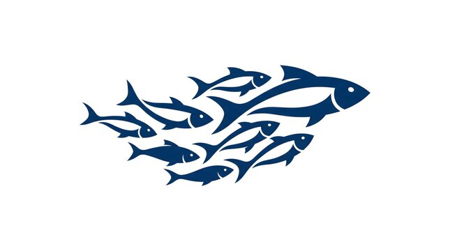 A stylized blue vector illustration of a school of fish swimming together in a synchronized group