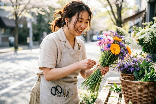 Una florista asi&aacute;tica alegre ata un ramo de flores silvestres con cuerda en un puesto de flores al aire libre y soleado