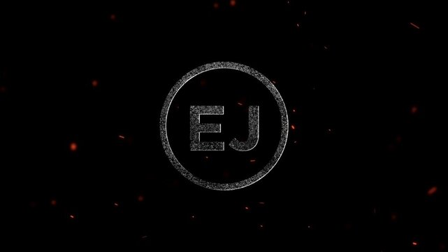 The letters ej inside a textured circle surrounded by small glowing embers