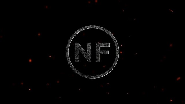 Abstract circular logo design featuring the letters NF with glowing particles and dust effects