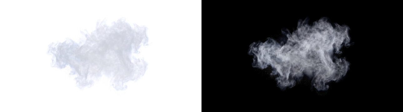 Smoke puffing into a round textured cloud with soft curling edges for atmospheric designs in PNG, Transparent and Black Background Versions