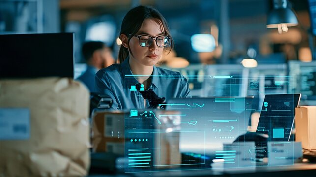 Business analyst reviewing fraud chargeback evidence at a logistics workstation
