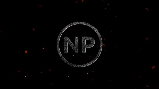 Abstract glowing letters NP inside a circular frame with floating embers particles