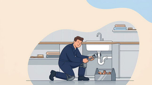 A skilled plumber in work attire kneels down and works on a sink, holding a wrench. His toolbox is open beside him, showcasing his tools.