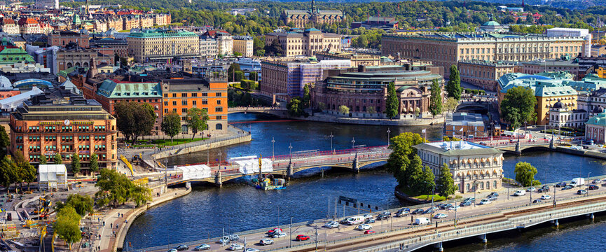 Top view of Helgeandsholmen, central Stockholm with Riksdagshuset, Rosenbad, Norrbro, Str&ouml;msborg and International IDEA headquarters, Gamla Stan and Royal Palace beyond