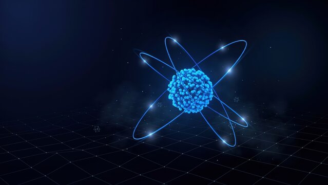 A luminous blue atom model glows with orbiting electrons over a dark digital grid. Ideal for physics and quantum technology concepts.