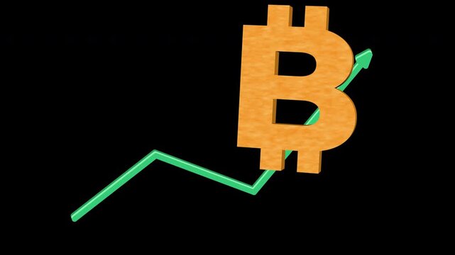 Bitcoin symbol rises cryptocurrency growth and increasing value. Transparent alpha channel for investment, finance and business projects involving Bitcoin gains, bullish markets, profit, success