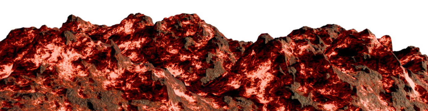 Glowing hot red lava rock mountain range isolated on transparent background, 3d render illustration perfect for fantasy landscape, volcanic terrain, game environment asset