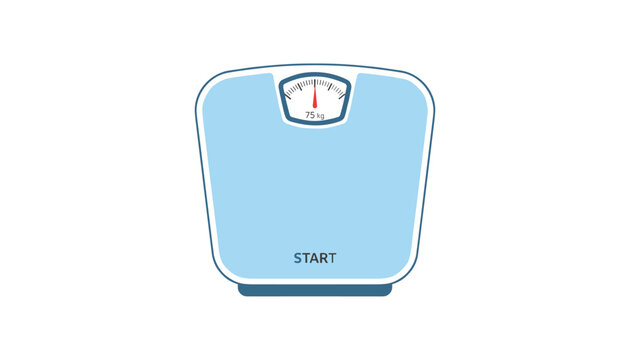 Light blue digital bathroom scale showing seventy-five kilograms with the word start written clearly on the screen.