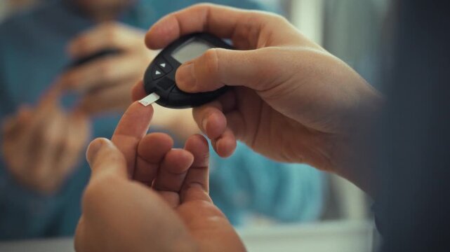 In a bathroom, a man stands before the mirror, using a glucometer tester to prick his finger and read his blood sugar, a routine self-monitoring step for personal health management