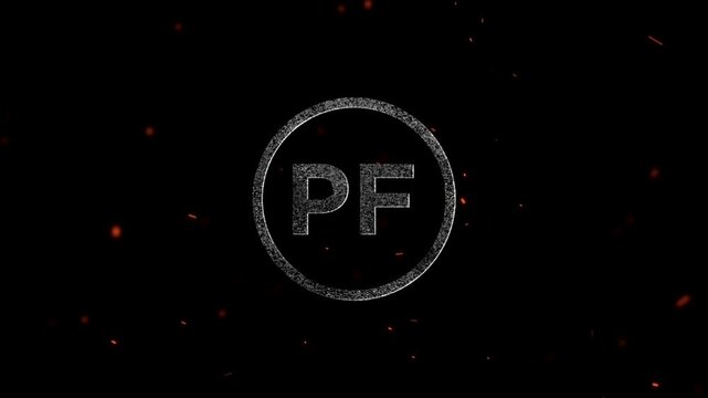 Glowing metallic letters PF inside a circular frame with floating embers