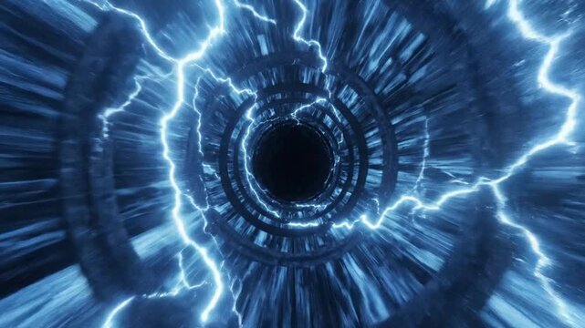 Electric time travel portal tunnel animation: sci-fi blue lightning vortex background, with high-speed motion loop