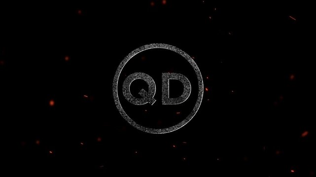 Glowing metallic letters QD inside a circular frame with floating embers