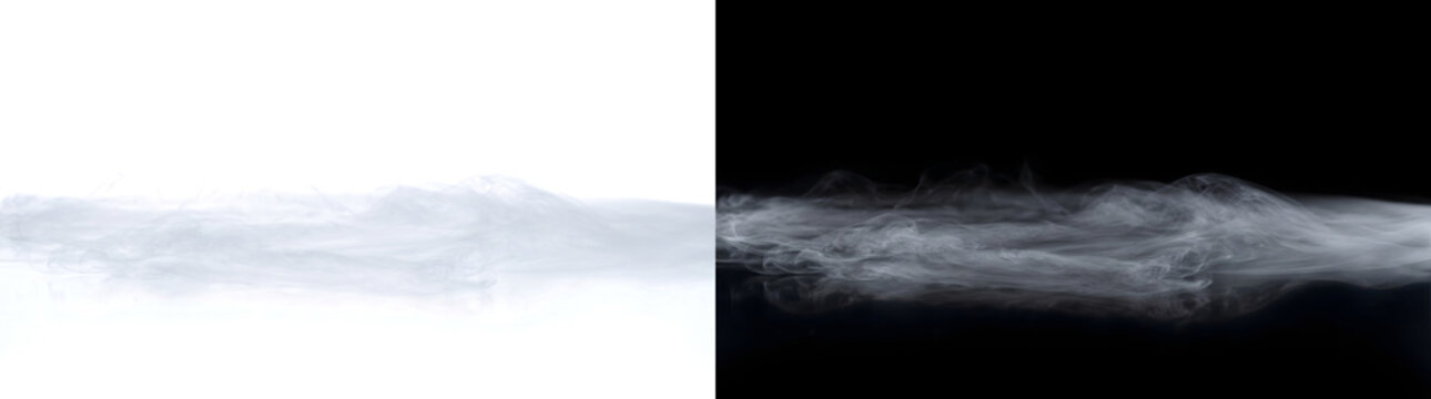 Fog rolling across a horizon with thick soft white smoke for cinematic scenes in PNG, Transparent and Black Background Versions