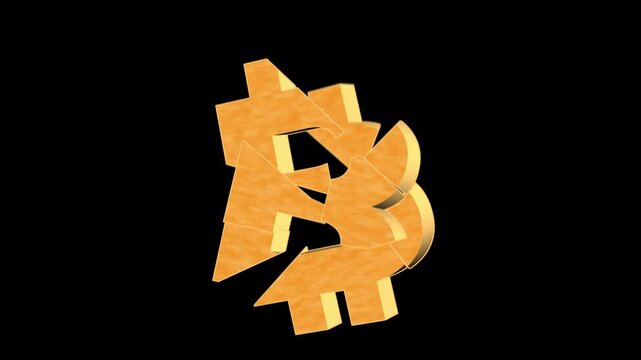 Bitcoin symbol rotates cracking breaking Transparent alpha channel cryptocurrency collapse financial crisis crash, market instability, investment risk, devaluation and digital asset failure concepts.