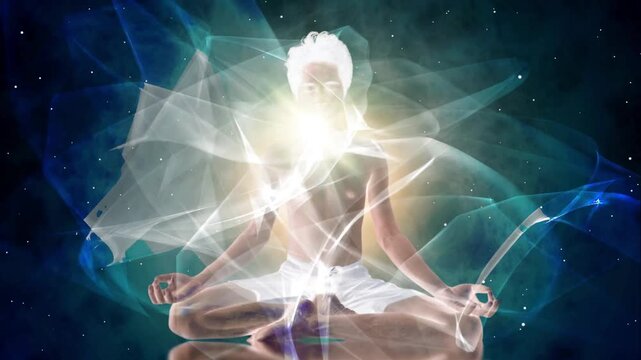 Young Man in Dark Night Sky with Glowing Blue Energy, Smoke, Fractal Light and Electric Motion, Futuristic Human Power and Brain Concept Abstract Background