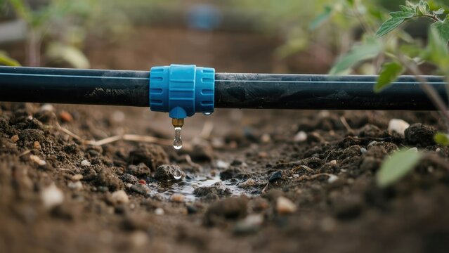 Water dripping from an agricultural irrigation pipe onto dark soil. Ideal for modern farming and water conservation concepts.