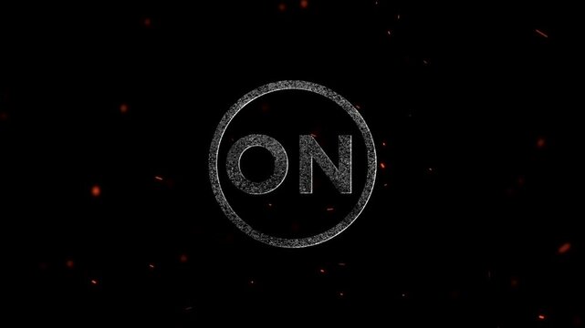 Glowing neon circular button with the word on centered inside with floating dust particles