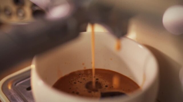 In a bustling cafe, a barista pulls the lever on a coffee machine, directing a stream of fresh hot coffee from the horn into a white cup, highlighting the precision and ritual of espresso preparation