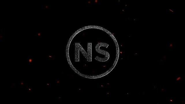 Glowing neon letters NS inside a circular frame with floating embers particles