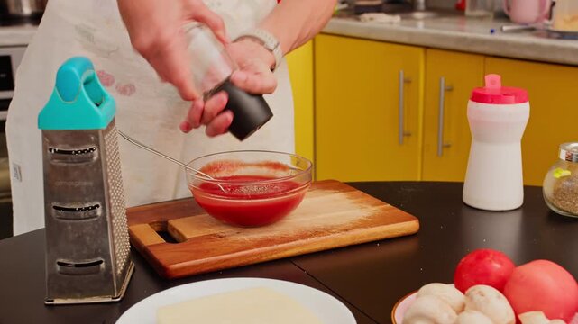 Woman seasoning tomato sauce while making homemade pizza. Preparing ingredients in home kitchen