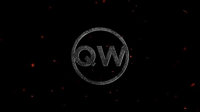 Glowing neon letters QW inside a circle with floating embers and dust particles