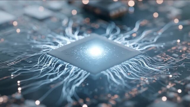 Quantum Computing Chip: An illuminated microchip, emitting a brilliant blue light, symbolizes advanced technology and computational power.