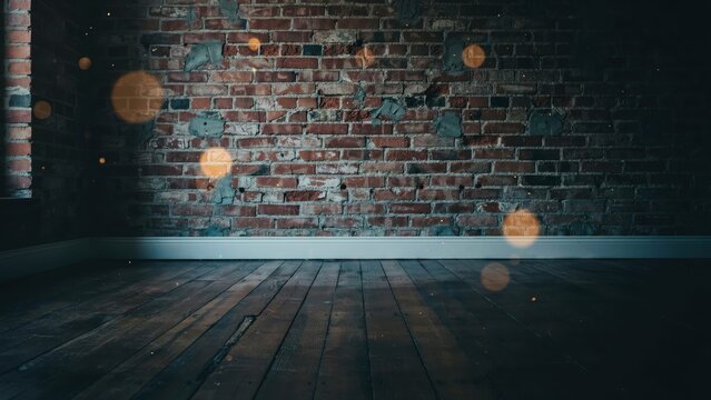 Empty rustic room features a weathered brick wall and dark wooden floor with warm bokeh lights. Ideal background for product display and interior design ads.