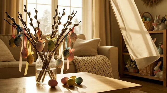 Cozy easter living room decor with pussy willow branches, painted eggs, and sunlight streaming through curtains