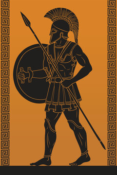 Ancient Greek warrior with a spear and shield in his hands.