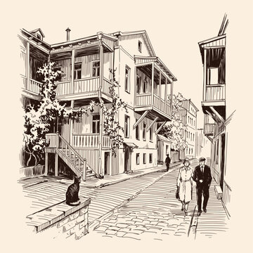 A sketch of an old European town with people and a cat.