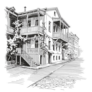 Sketch of an old European city street without people