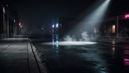 Fototapeta premium A bright spotlight shines on a wet, foggy city street at night with neon reflections. Cinematic background for noir mystery films.